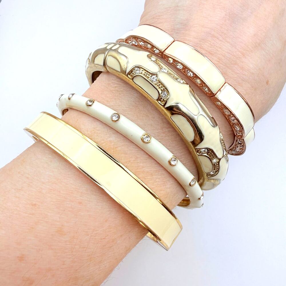 Lot of 4 JCREW TALBOTS Unsigned Cream Enamel Bangle Bracelets Crystals Gold Tone